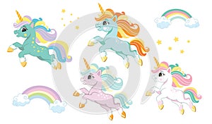 Collection of cute running unicorn on a white background vector