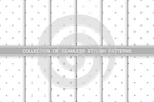 Collection of cute seamless minimalistic patterns - gray stylish textures. Simple geometric design