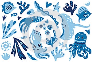 Collection with cute simple marine creatures, sea or ocean flora and fauna in blue colours