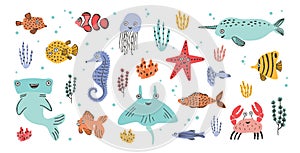 Collection of cute smiling marine animals - narwhal, hammerhead, stingray, crab, fish, starfish, jellyfish, seahorse