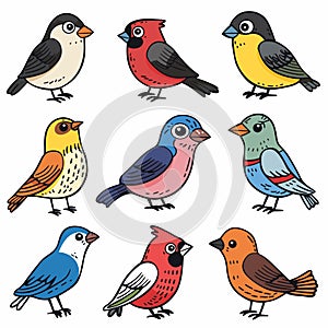 Collection cute stylized birds illustrated various colors. Cartoon birds sporting shades blue