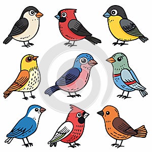 Collection cute stylized birds illustrated various colors. Cartoon birds sporting shades blue photo