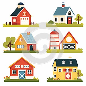Collection cute stylized houses farm buildings. Colorful vector illustration includes barn, silo photo