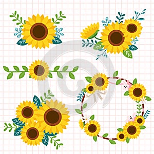 The collection of cute sunflower in the boquet and set on the white background. The pattern of cute sunflower on the white