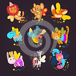 Collection of cute winged animals with a magic wands, fantasy fairy tale dog, cat, horse, unicorn, bunny, zebra cartoon