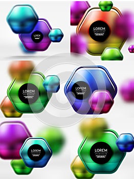 Collection of 3d metal geometric objects, vector techno banners