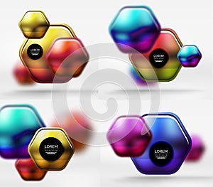 Collection of 3d metal geometric objects, vector techno banners