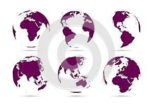 Collection of dark flat icons globes. Set maps of the world. Planet with continents