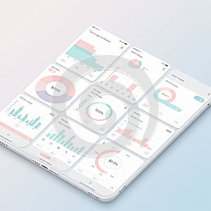 Collection of data visualization interfaces featuring pie charts, bar graphs, and line