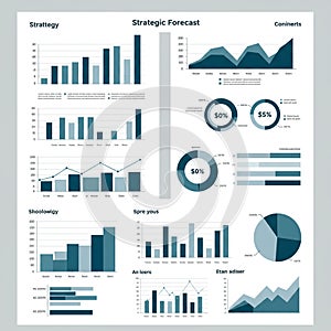 A collection of data visualizations including bar graphs, line graphs,