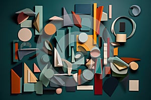 collection of deconstructed and fragmented shapes in different colors, shapes and sizes