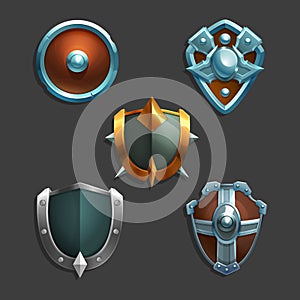 Collection of decoration armor for games. Set of medieval cartoon shields.