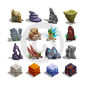 Collection of decoration icons for games. Set of cartoon stones.