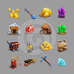 Collection of decoration icons for mining strategy game. Set of cartoon picking tools, stones, crystals, ores and gems. photo