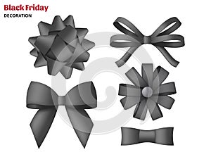 Collection of decorative black bows. Gift box wrapping and Black Friday decoration