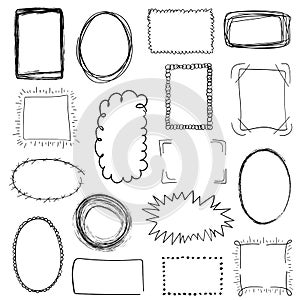 Collection of decorative black hand drawn frames on white background. Simple, grunge, sketch and doodle style