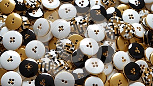 Collection of decorative buttons in a black, gold, and white color scheme. Top view. Background. Concept of sewing