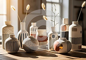Collection of decorative ceramic vases with a modern design is arranged on a