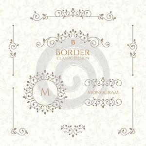 Collection of decorative elements. Borders, monograms and seamless pattern.