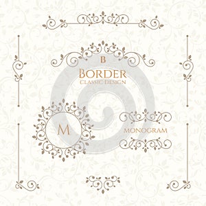Collection of decorative elements. Borders, monograms and seamless pattern. photo
