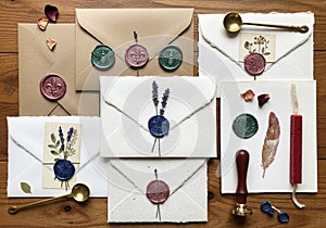 A collection of decorative envelopes arranged