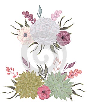 Collection decorative floral design elements for wedding invitations and birthday cards. Succulents, flowers and leaves.