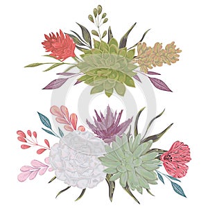 Collection decorative floral design elements for wedding invitations and birthday cards. Succulents, flowers and leaves.