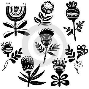 Collection of decorative flowers. Black outline and silhouette. Branch with flowers and buds. Vector illustration