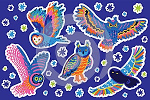 Collection of decorative stickers with owls. Vector illustration