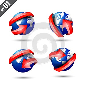 Collection of defference 3D globe and world map with red shine