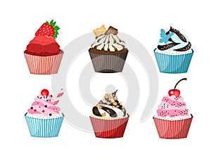 Collection of delicious colorful cupcakes on white background