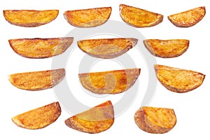 Collection of delicious potato wedges, isolated on white background