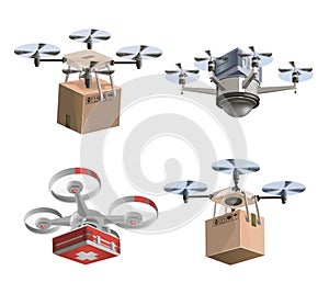 Collection of delivery drones with boxes and medical kit. Set of drones vector illustration graphic design. Modern