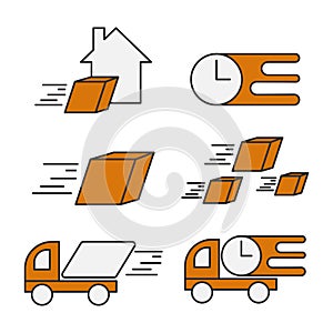 Collection of delivery logo templates icon in orange style set. Speed business service express shipping logotype vector