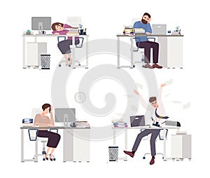 Collection of depressed people at work. Tired male and female office workers sitting, sleeping or expressing anger at