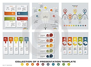 Collection of 6 design colorful presentation templates. EPS10. Set of infographics design vector and business icons.