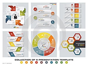 Collection of 6 design colorful presentation templates. EPS10. Set of infographics design vector and business icons.