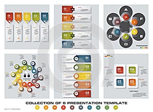 Collection of 6 design colorful presentation templates. EPS10. Set of infographics design vector and business icons.