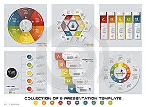 Collection of 6 design colorful presentation templates. EPS10. Set of infographics design vector and business icons.