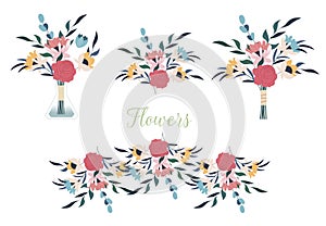 Collection of detailed drawings of trendy floristic flowers and decorative flowering plants isolated on white background