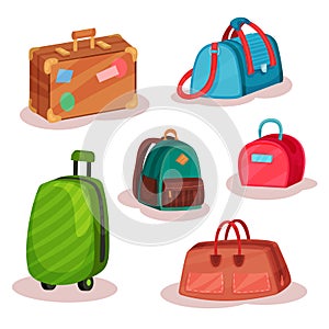 Flat vector set of different bags. Women handbags, retro case with stickers, urban backpack, large suitcase on wheels