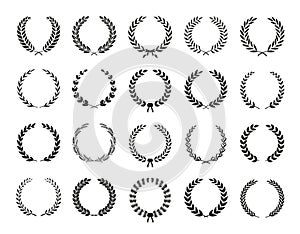 Collection of different black and white silhouette circular laurel foliate, wheat, olive and oak wreaths depicting an award, photo