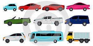 Collection of different cars. Sport car, vintage car, sedan car, cargo truck and bus. Vector illustration for automobile,