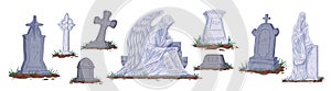 Collection of different cartoon tombstones vector graphic illustration. Set of gray gravestones and sculptures isolated