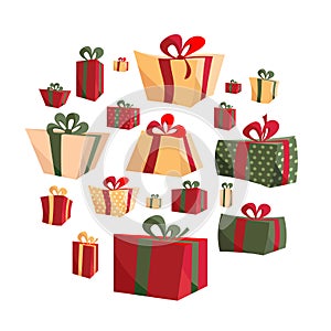 Collection of different cartoon volume flat present box isolated on white background. New Year`s and Christmas bright