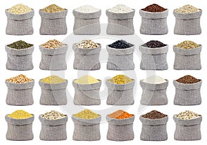 Collection of different cereals, grains and flakes in bags isolated on white background.