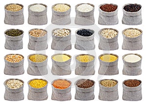 Collection of different cereals, grains and flakes in bags isolated on white background.