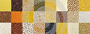 Collection of different cereals, grains, rice and beans backgrounds.