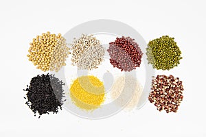 Collection of different cereals, grains, rice and beans backgrounds.