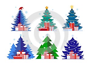 Collection of different Christmas trees with gift boxes.